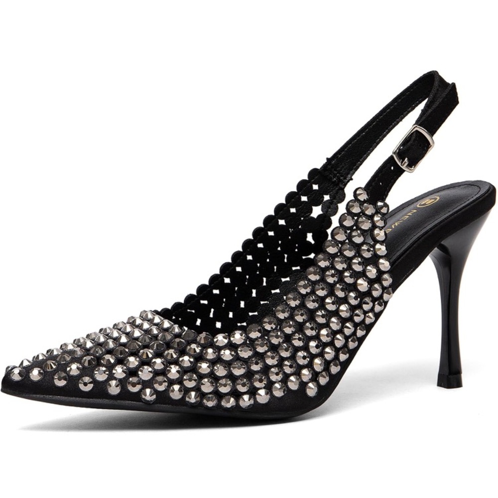 NEW Women’s Rhinestone Stiletto Size 10 Black Pointed Toe Slingback Heels